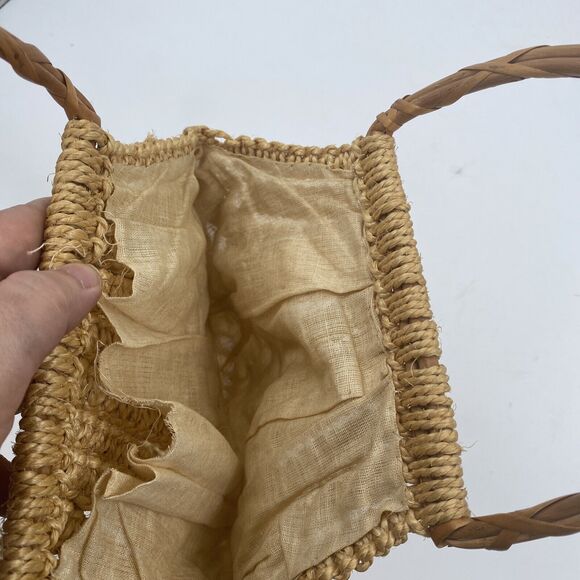 Woman crochet beige wooden handle beach tote Lined shoulder bag - Picture 4 of 4